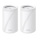 TP-Link Deco BE11000 Tri-Band Wi-Fi 7 mesh system unit in sleek modern design showing internal antenna layout, multi-gigabit ports, and status LED indicator