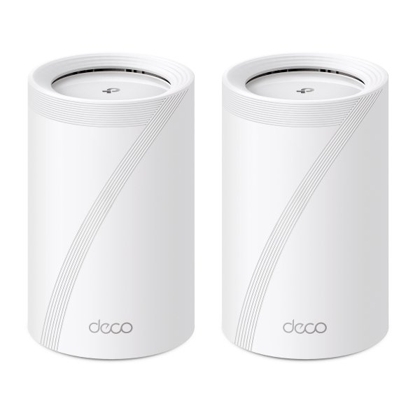 TP-Link Deco BE11000 Tri-Band Wi-Fi 7 mesh system unit in sleek modern design showing internal antenna layout, multi-gigabit ports, and status LED indicator