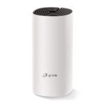 Single white cylindrical TP-Link Deco M4 AC1200 Dual-Band Mesh Router unit displaying its modern tower body design top icon accent and rear dual Gigabit ethernet connection ports