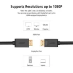 UGREEN 10204 5m DisplayPort Male to HDMI Male Cable in Black featuring gold-plated terminals, a mechanical release button on the DP connector, and triple internal shielding overlays