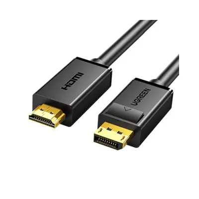 UGREEN 10204 5m DisplayPort Male to HDMI Male Cable in Black featuring gold-plated terminals, a mechanical release button on the DP connector, and triple internal shielding overlays