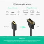 UGREEN 10221 2m DisplayPort Male to DVI-D (24+1) Male Cable in Black featuring gold-plated connectors, a mechanical release button on the DP plug, and manual locking thumbscrews on the DVI head