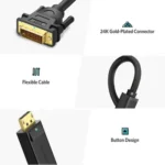 UGREEN DP103 (10243) DisplayPort Male to DVI (24+1) Male Full HD Cable (1.5m) - Black - Image 2