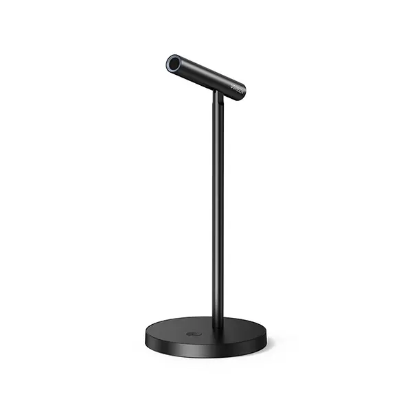 UGREEN 10934 Desktop USB Microphone in elegant minimalist black featuring a T-shaped slim cylindrical microphone head capsule, a slender vertical stand, a circular weighted base, and an attached black USB cable layout