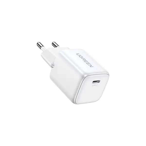 UGREEN 15326 Nexode 30W USB-C PD GaN Fast Charger white compact wall adapter showing its single Type-C interface, standard round European pins, and premium minimalist fireproof exterior finish on a clean white background