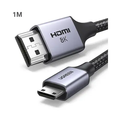 UGREEN 15514 Ultra High-Speed 8K Mini HDMI to HDMI 1m Cable with a black nylon braided jacket, aluminum alloy head, and mini HDMI connector pins