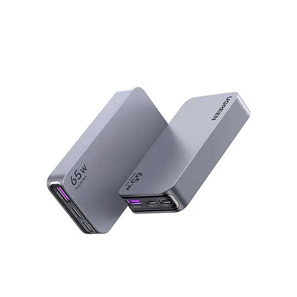 UGREEN 15817 Nexode Pro 65W 3-Port GaN Ultra-Slim Fast Charger US showing its wafer-thin flat gray casing layout, dual USB-C ports, single USB-A port, premium foldable US pins, and sleek Nexode Pro series text branding on a clean white background