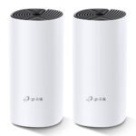Two white cylindrical TP-Link Deco E4 AC1200 Dual-band Mesh Router units displaying their sleek modern tower design top accent pattern and rear dual ethernet ports