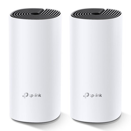 Two white cylindrical TP-Link Deco E4 AC1200 Dual-band Mesh Router units displaying their sleek modern tower design top accent pattern and rear dual ethernet ports