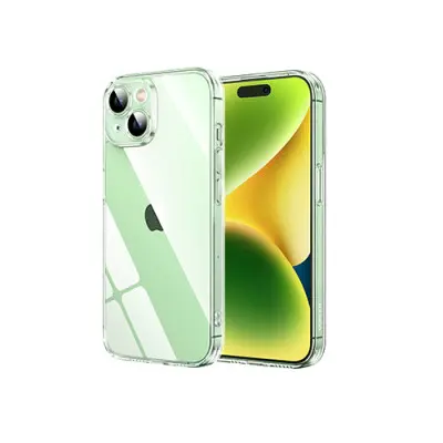 UGREEN LP730 25393 Crystal Transparent Enhanced Protective Case for iPhone 15 Plus 6.7-inch back cover showing its reinforced clear shockproof corner airbag bumpers, raised camera lens protection frame outline, and flexible transparent frame layout on a clean white background