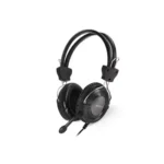 A4TECH HS-19 Comfort Stereo Headphone in matte black showcasing its dual-rail suspension headband layout, cushioned ear cups, and adjustable microphone arm