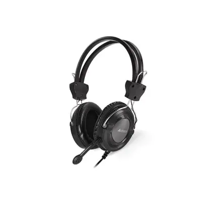 A4TECH HS-19 Comfort Stereo Headphone in matte black showcasing its dual-rail suspension headband layout, cushioned ear cups, and adjustable microphone arm