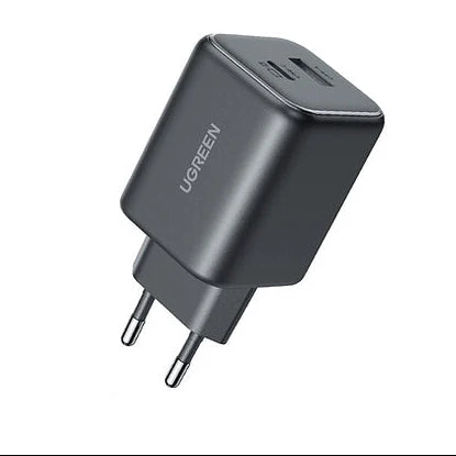 UGREEN 65057 45W 2-Port GaN Fast Charger EU showing its compact dark grey casing layout, dual USB-C interfaces, molded European standard round prongs, and sleek matte finish on a clean white background