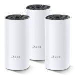 TP-Link Deco M4 AC1200 Dual-Band Mesh Router 3 Pack showing three white cylindrical tower units with top ventilation accents