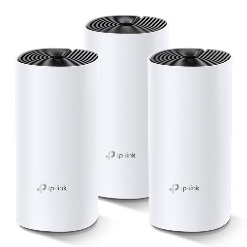TP-Link Deco E4 AC1200 Dual-band Mesh Router 3 Pack showing three white cylindrical tower units