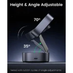 UGREEN 35278 W526 2-in-1 Qi2 Magnetic Wireless Charger Stand in metallic space grey showing its upright unfolded mode charging a white smartphone case on the upper pad and an earbud case on the base