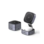 UGREEN 35316 W702 2-in-1 Qi2 Magnetic Wireless Charger Stand in metallic space grey showing its upright unfolded mode with its circular Qi2 magnetic face ready to dock a phone above its earbud charging base area