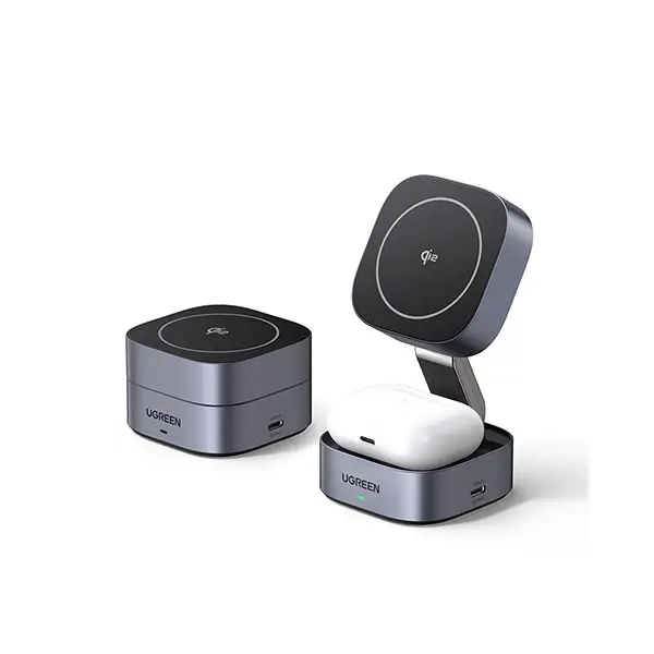 35316-1-600x600 UGREEN 35316 W702 2-in-1 Qi2 Magnetic Wireless Charger Stand in metallic space grey showing its upright unfolded mode with its circular Qi2 magnetic face ready to dock a phone above its earbud charging base area