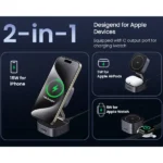 UGREEN 35316 W702 2-in-1 Qi2 Magnetic Wireless Charger Stand in metallic space grey showing its upright unfolded mode with its circular Qi2 magnetic face ready to dock a phone above its earbud charging base area