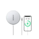 UGREEN 35565 W703 15W Qi2 Magnetic Wireless Charger puck in white showing its clean circular charging face with subtle UGREEN branding and its attached silver metallic braided USB Type-C connector cable