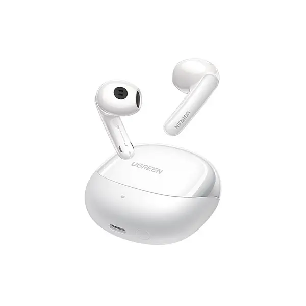 UGREEN 35873 HiTune H6 Pro Hybrid Active Noise-Cancelling Earbuds in glossy white color, shown inside and next to their sleek white pebble-shaped charging case