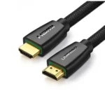 UGREEN 40412 High-End Nylon Braided HDMI 5m Cable showing its durable black double-woven outer protective jacket, heavy-duty molded strain reliefs, and premium 24K gold-plated HDMI Type-A connector terminals