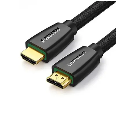 UGREEN 40412 High-End Nylon Braided HDMI 5m Cable showing its durable black double-woven outer protective jacket, heavy-duty molded strain reliefs, and premium 24K gold-plated HDMI Type-A connector terminals