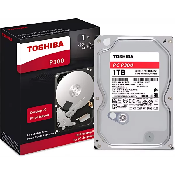 Internal metallic 1TB HDD hard disk drive showing its silver top cover plate green printed circuit board interface pins and capacity label layout