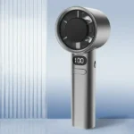 M11 High-Speed Handheld Turbo Fan in white showing its circular aerodynamic jet ventilation nozzle layout front digital LED status screen indicator and tactile speed selection button