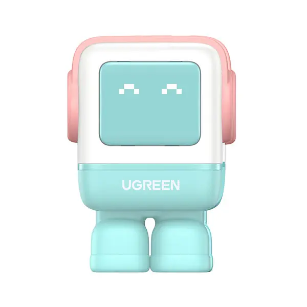 UGREEN 45089 Uno RG 30W USB-C GaN Fast Charger Pink Blue US showing its pastel pink and blue robot figurine body, animated LED display face, single top Type-C port, and flat US prongs on a clean white background