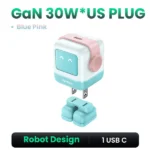 UGREEN 45089 Uno RG 30W USB-C GaN Fast Charger Pink Blue US showing its pastel pink and blue robot figurine body, animated LED display face, single top Type-C port, and flat US prongs on a clean white background