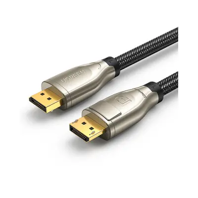 UGREEN 60843 DisplayPort 1.4 Male to Male 2m Cable showing its premium dark gray zinc alloy connector shells labeled with the UGREEN brand name, gold-plated DP plugs, and a heavy-duty black and gray double nylon braided round wire body configuration