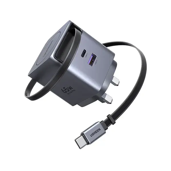 UGREEN 65826 65W GaN Fast Charger with Retractable Cable showing its compact circular design layout, smoothly extending built-in Type-C cable, additional charging ports, and premium travel-ready matte finish on a clean white background