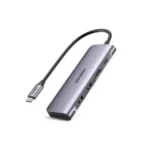 UGREEN 70411 USB-C Hub premium high capacity heavy duty 6-in-1 portable 4K HDMI fast charging laptop docking station block showing clean Space Gray aluminum minimalist housing body layout with side terminal input port slots and attached type-c cord wire view]