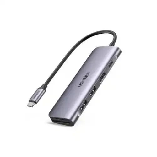 UGREEN 70411 USB-C Hub premium high capacity heavy duty 6-in-1 portable 4K HDMI fast charging laptop docking station block showing clean Space Gray aluminum minimalist housing body layout with side terminal input port slots and attached type-c cord wire view]