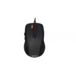 A4TECH N-70FX 7-click office mouse in matte black showing its asymmetrical ergonomic right-hand shell, distinct orange shortcut button, clickable scroll wheel, and side browser-navigation keys