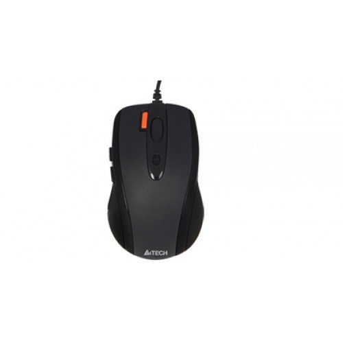 A4TECH N-70FX 7-click office mouse in matte black showing its asymmetrical ergonomic right-hand shell, distinct orange shortcut button, clickable scroll wheel, and side browser-navigation keys