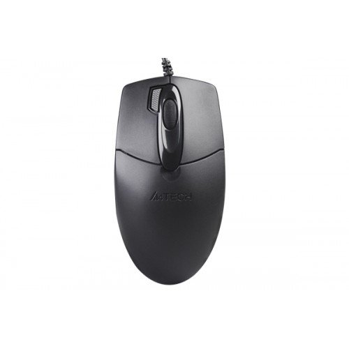 A4TECH OP-730D 1200 DPI 2X Click USB Optical Mouse showing the full-sized matte black curved body and specialized single-touch double-click hardware button next to the scroll wheel