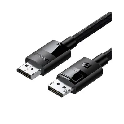 UGREEN 80394 DisplayPort 1.4 Male to Male 5m Cable showing its premium molded black connector shells with the UGREEN logo, gold-plated DP plugs, and a heavy-duty black and gray nylon braided round cord configuration