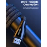 UGREEN 80402 Ultra High-Speed 8K Braided HDMI 1.5m Cable showing its rugged black double-woven cotton and nylon exterior mesh layout, durable protective strain-relief boots, and standard HDMI Type-A connector terminals