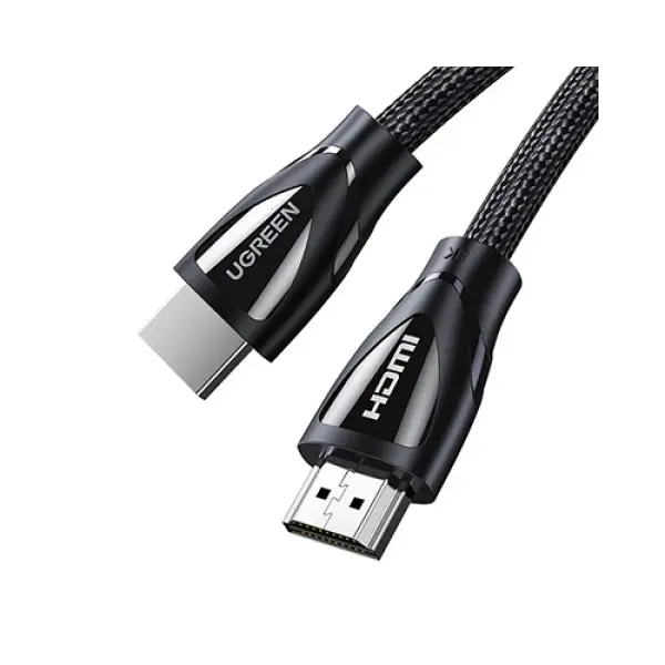 UGREEN 80402 Ultra High-Speed 8K Braided HDMI 1.5m Cable showing its rugged black double-woven cotton and nylon exterior mesh layout, durable protective strain-relief boots, and standard HDMI Type-A connector terminals