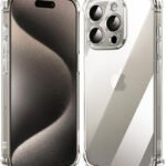 UGREEN LP720 25387 Cushion Protective Case for iPhone 15 Pro Max 6.7-inch Clear back cover showing its reinforced clear shockproof corner airbags, raised camera lens protection outline, and flexible transparent frame layout on a clean white background