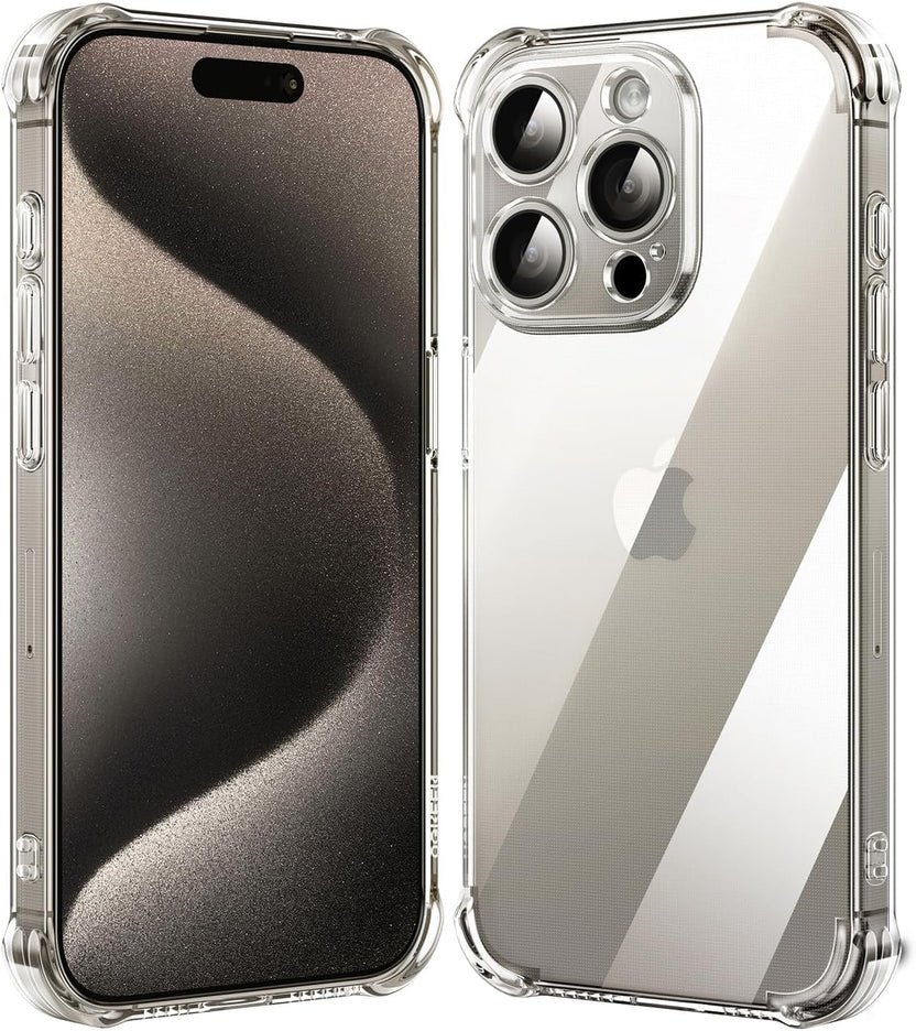 81iH4dwvs-L._AC_SL1500 UGREEN LP720 25387 Cushion Protective Case for iPhone 15 Pro Max 6.7-inch Clear back cover showing its reinforced clear shockproof corner airbags, raised camera lens protection outline, and flexible transparent frame layout on a clean white background
