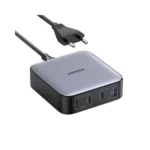 UGREEN 90928 Nexode 100W Desktop Charger EU multi port charging station showing its triple USB-C and single USB-A interfaces, premium charcoal chassis layout, and long detachable AC power cord on a clean white background