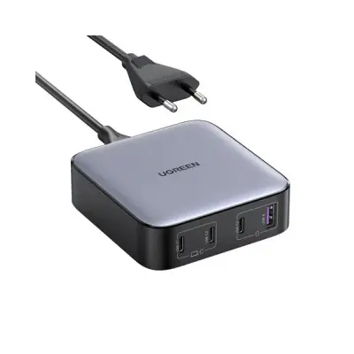 UGREEN 90928 Nexode 100W Desktop Charger EU multi port charging station showing its triple USB-C and single USB-A interfaces, premium charcoal chassis layout, and long detachable AC power cord on a clean white background