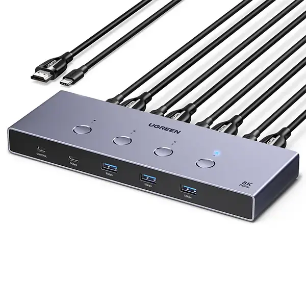 UGREEN 55397 4-port HDMI KVM switch showing front-facing selection buttons and rear HDMI/USB connectivity for multi-PC setups