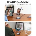 UGREEN 90668 2-in-1 Magnetic Wireless Charging Stand in dark grey showing an iPhone snapped horizontally in landscape StandBy clock mode on the upper aluminum mount and an AirPods wireless case resting on the lower base pad