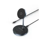 UGREEN 90668 2-in-1 Magnetic Wireless Charging Stand in dark grey showing an iPhone snapped horizontally in landscape StandBy clock mode on the upper aluminum mount and an AirPods wireless case resting on the lower base pad