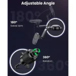 UGREEN 15120 CD345 15W Qi Magnetic Car Mount Wireless Charger in matte black showing its circular magnetic pad head assembly, adjustable telescopic suction arm, and separate air vent clip accessory attachment on a clean white background