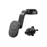 UGREEN 15120 CD345 15W Qi Magnetic Car Mount Wireless Charger in matte black showing its circular magnetic pad head assembly, adjustable telescopic suction arm, and separate air vent clip accessory attachment on a clean white background